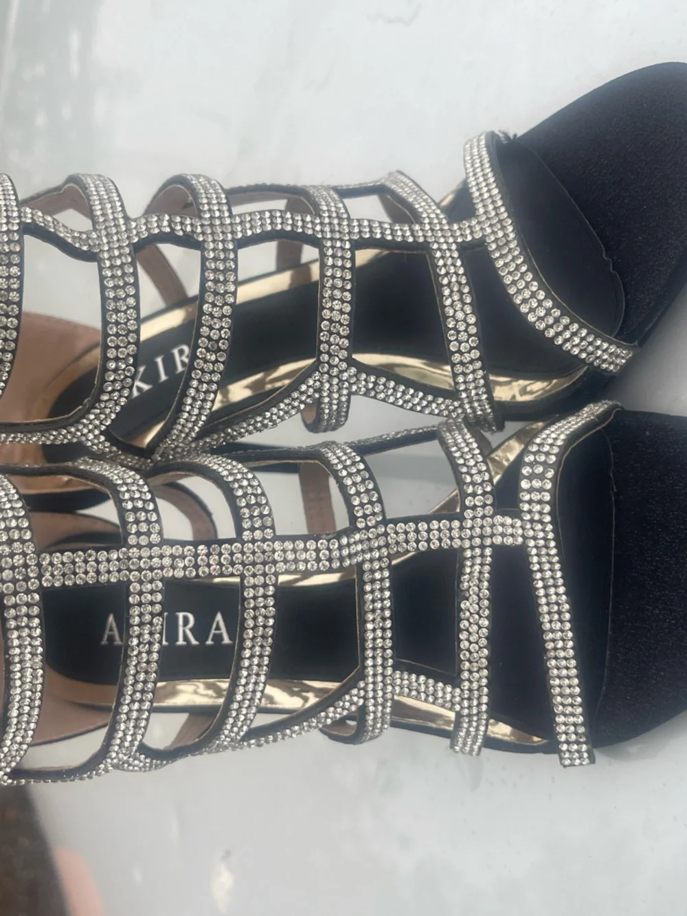 AKIRA Black Rhinestone Cage Heels